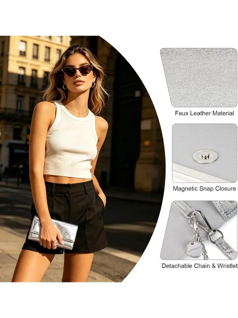 Women’s Shiny Silver Clutch Purses Wristlet Vegan Leather Formal Evening Bag